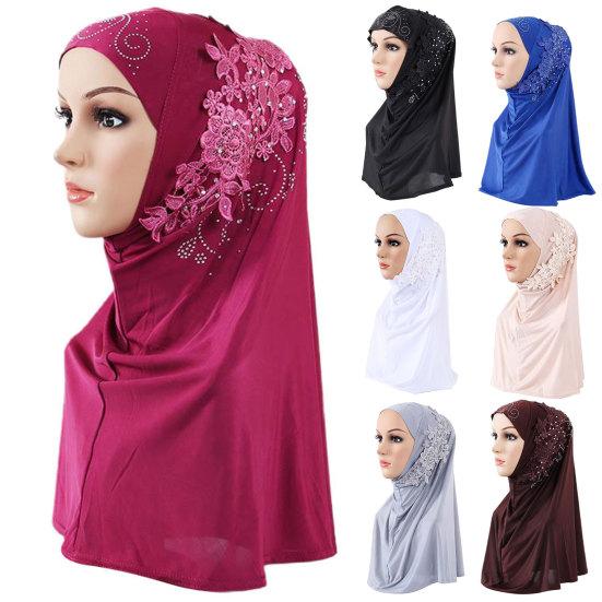 Women Solid Color Lace Rhinestone Muslim Hijab Wrap Islamic Scarf Cap Head Cover