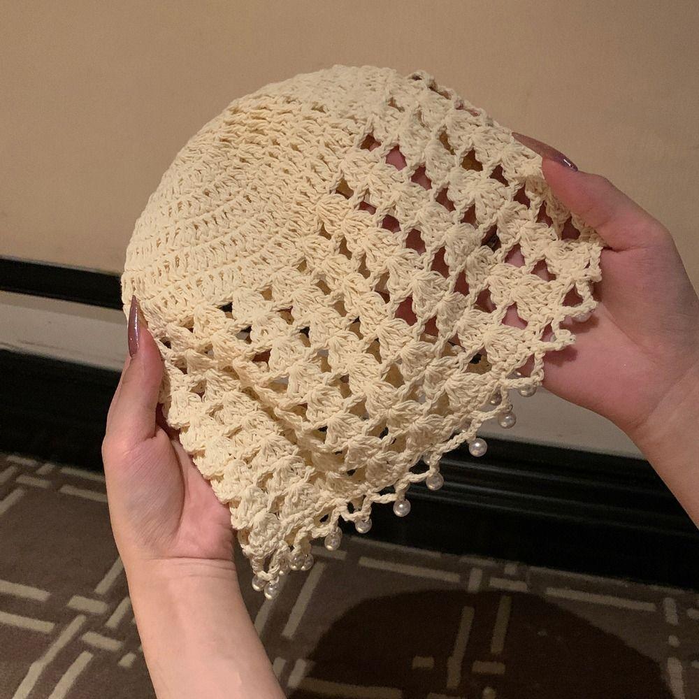 Sweet Crochet Hollow Knitted Hat Beads Tassels Weave Cap Retro Ethnic Style Hat  Girls