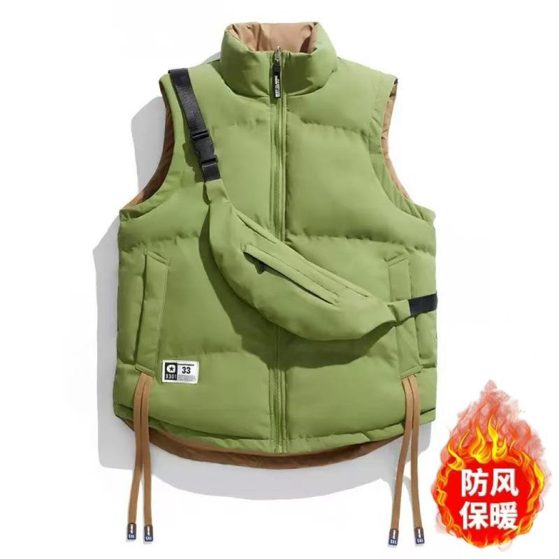 Unisex Green Puffer Vest with Detachable Bag Stand Collar Warm Winter Gilet
