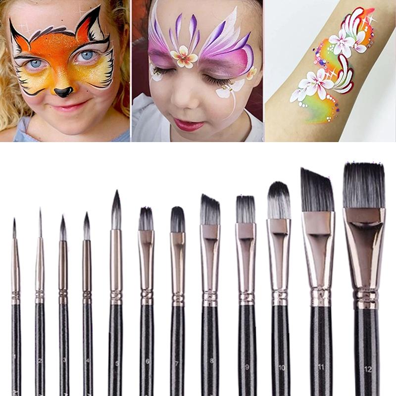 12Pcs Wooden Poles Nylon Hair Face Painting Body Painting Brushes Oil Painting Acrylic Watercolor Painting Pen Set