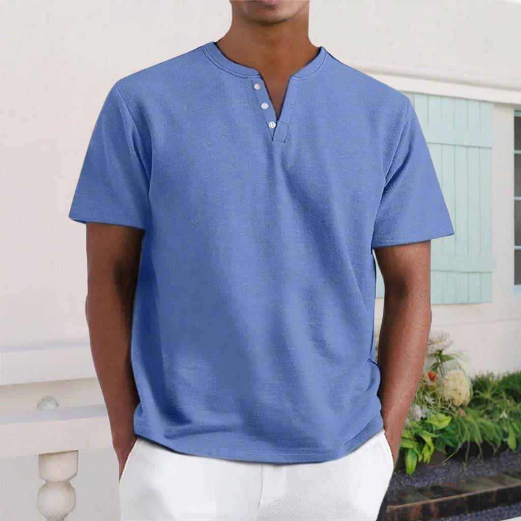 Men's Casual V-Neck Short-Sleeve Shirt - Cotton Solid Color, Breathable Button-Up Top
