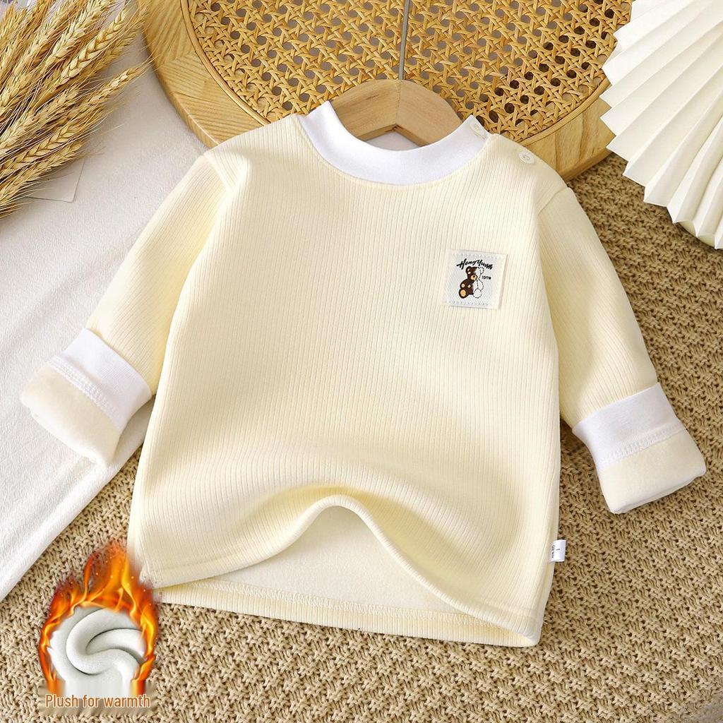 Kids' Velvet-Lined Round Neck Warm Top for Autumn & Winter