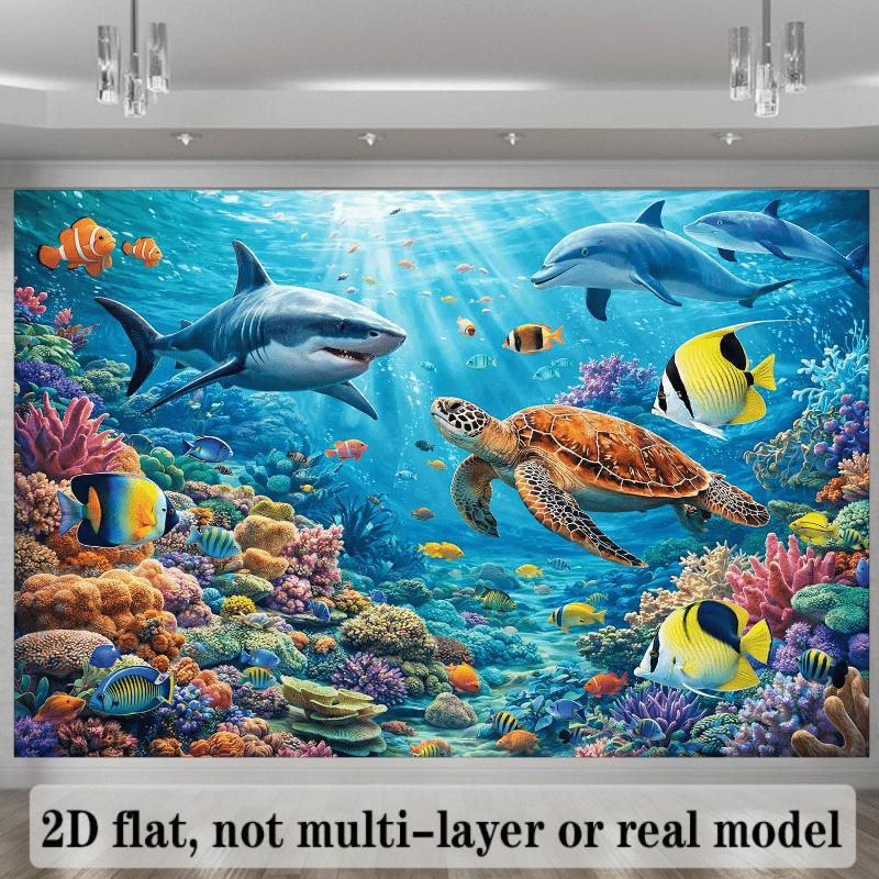 2D Underwater Themed Background Fabric - Suitable for Home Use and Parties - Sharks, Turtleszyc