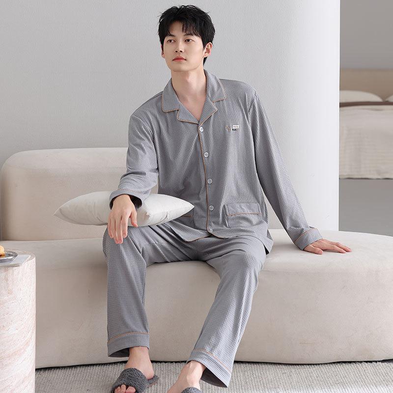 Pure Cotton Pajamas Men'S Loungewear Spring And Autumn Suit Cardigan Long-Sleeved Trousers Can Be Worn Outside Spring And Autumn Styles