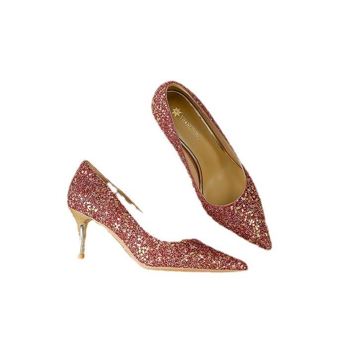 Rose wedding shoes women's new high-end Chinese bride Xiuhe high heels are not tired of toasting crystal single shoes