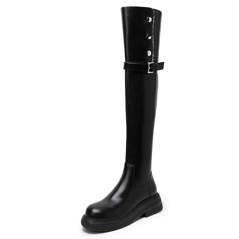 Leather over-knee boots Tall women's winter new flat-bottomed boots Fleece leather boots