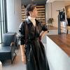 Długi, oversize'owy skórzany trencz dla kobiet z klapami z długim rękawem, luźny krój, jesień, stylowa, czarna odzież damska Streetwear