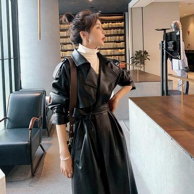 Long Oversized Leather Trench Coat for Women Long Sleeve Lapel Loose Fit Fall Stylish Black Women Clothing Streetwear