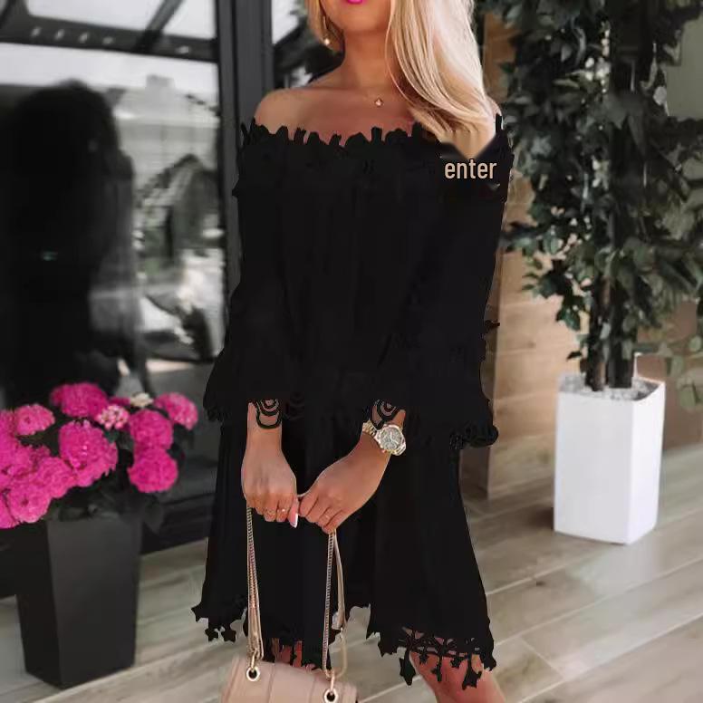 2024 European & American Off-the-Shoulder Lace Trim Dress