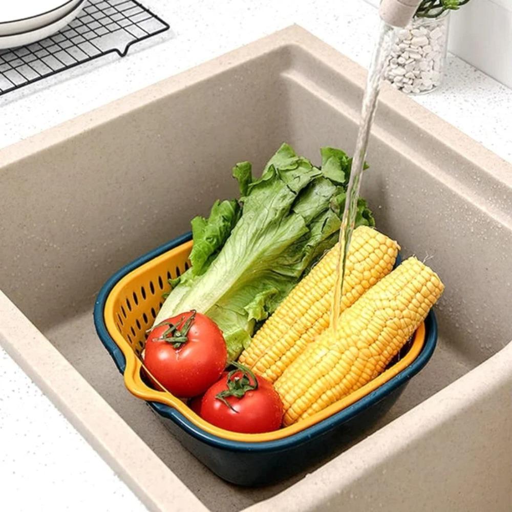 2pcs/Set Double Layer Drain Basket Kitchen Fruit Tray Multifunctional Fruit Vegetable Basin Draining Household Washing Tools