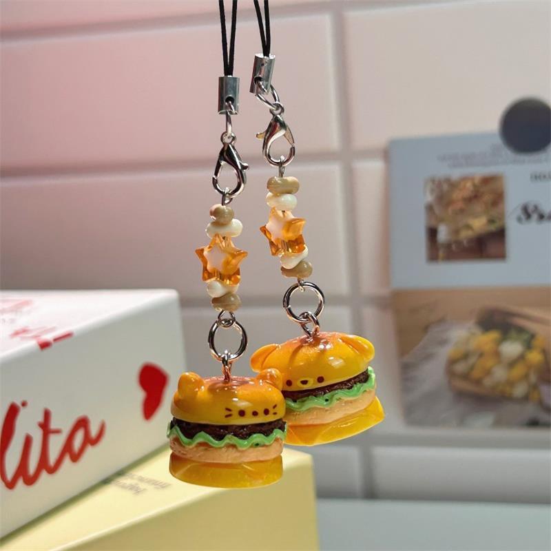 Cute Hamburger Cat Puppy Phone Chain Lanyard Bag Keychain Pendant Charm Elegant Keyring Sweet Girly Backpack Hang Ornament Gifts