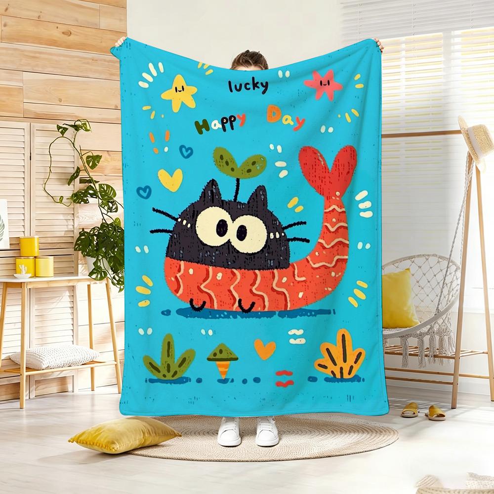 Painting Cute Cat And Fish Throw Lightweight g Flannel Blanket Soft Skinfriendly for Summer Cooling