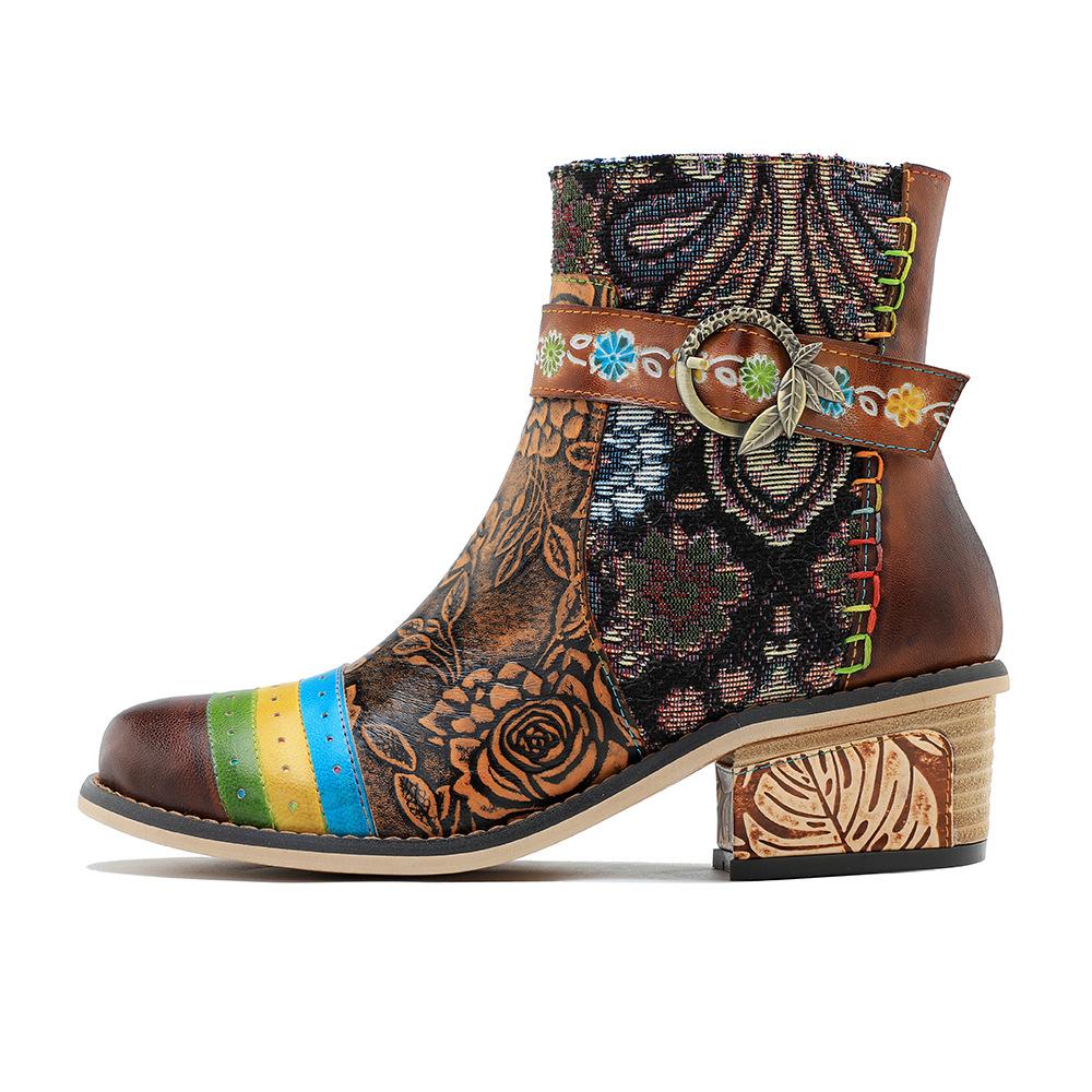 Johnature Handmade Genuine Leather Shoes Printing Contrast Retro Casual Comfort Women's Short Boots