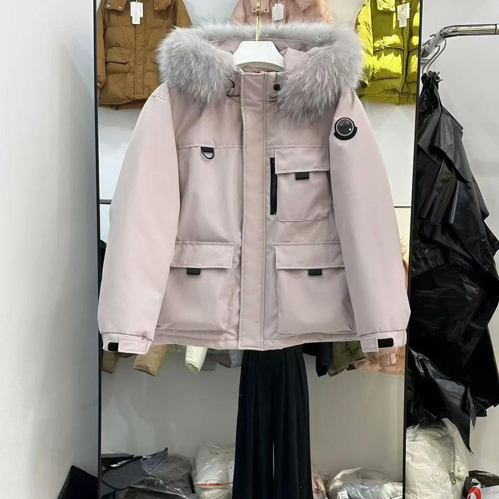 Women's 2025 Outdoor Workwear Short Down Jacket with Big Fur Collar - Loose Korean Style 90% White Duck Down Parka Coat