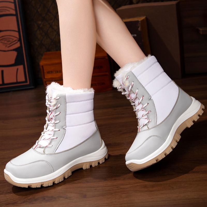Large Size Velvet Thickened Cotton Shoes Women's Winter Front Lace-up Waterproof Versatile Long Tube Color Matching Snow Boots