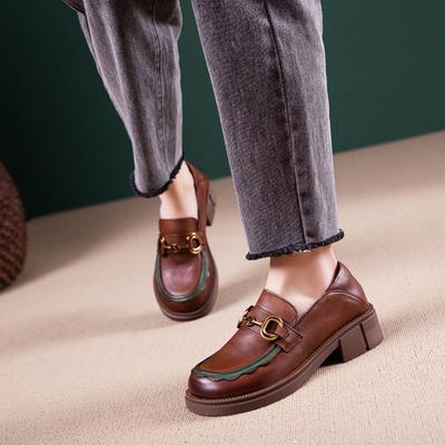 First Layer Cowhide Loafers Women's Autumn New Leather Soft Sole Soft Surface British Style Brock Retro Small Leather Shoes Women
