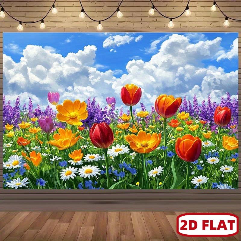 2D plane colored flower grass background fabric red tulips orange daisies and other various flowers polyester fiber