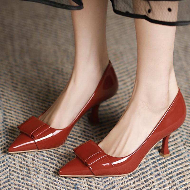 Fashion 2025 Hot Patent Leather Women Thin Heels Sexy Pumps Bow Chain Elegant High Heel Female Footwear Spring Wine Red Black 40