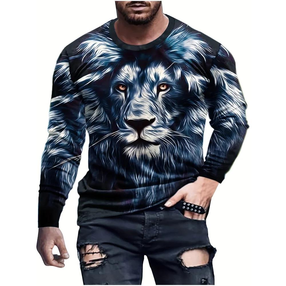 Spring and Autumn Round Neck Lion Pattern 3D Printed Top Fashionable Casual Long Sleeved Men's T-shirts