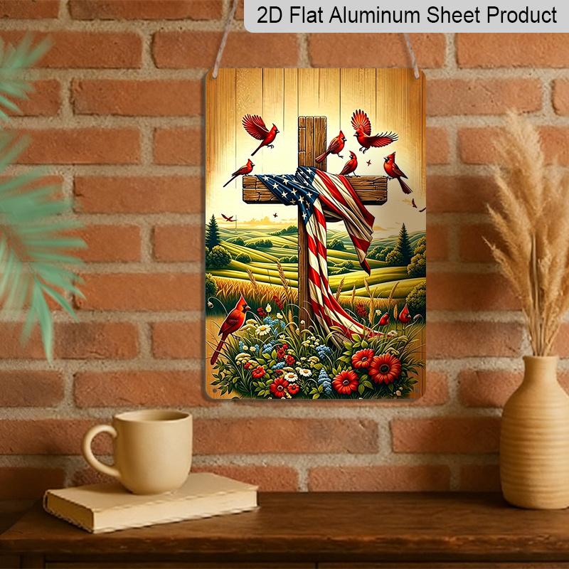 2D Flat American Flag Cross with Cardinals Metal Sign Durable Aluminum Material 8*12 Inches USA Christian Wall Decor Patriotic Church Decor
