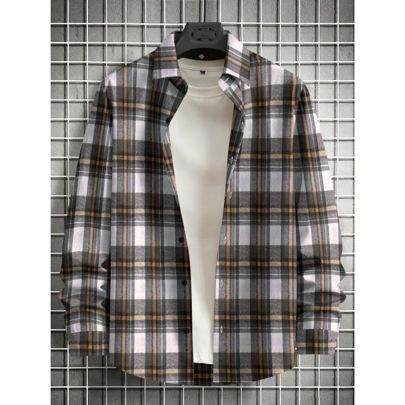 Camicia a maniche lunghe in flanella a quadri vintage nero e marrone da uomo per l'autunno