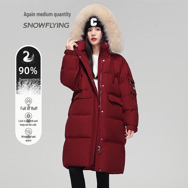 SNOWFLYING Women's Mid-length Down Jacket with Fox Fur Collar