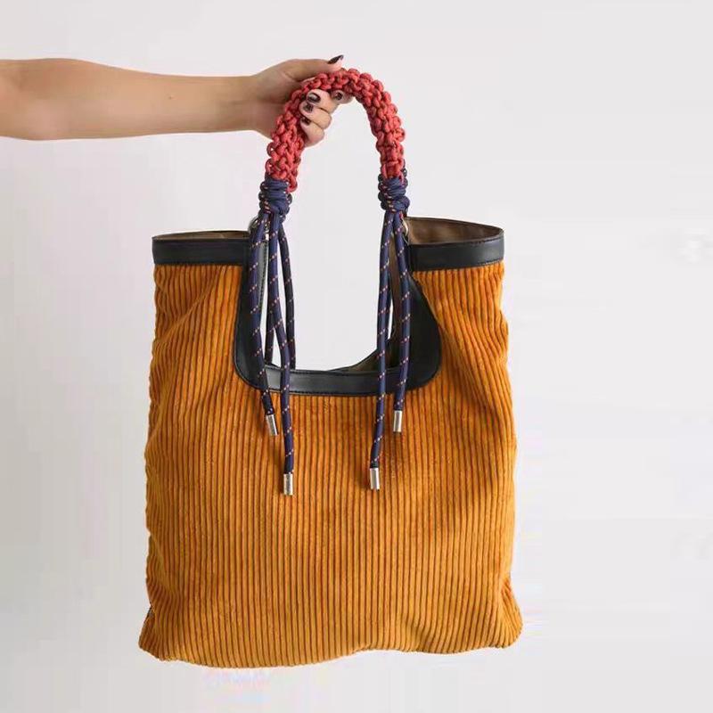 French Niche Retro Ginger Yellow Corduroy Woven Handbag Korean Style Large Capacity Patchwork Shoulder Tote Bag for Women