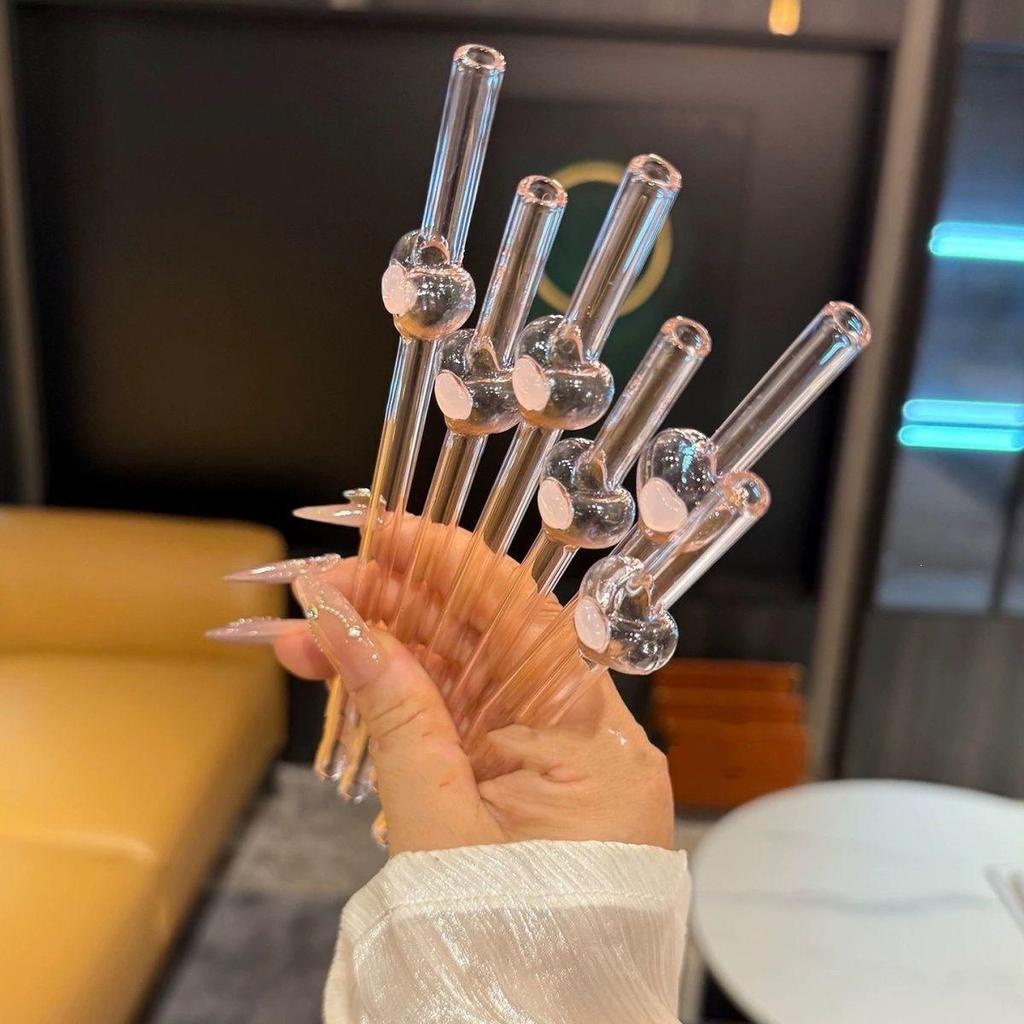 Shallow Pink Heart Glass Straw for Milk Tea & Coffee - High-Temp Resistant
