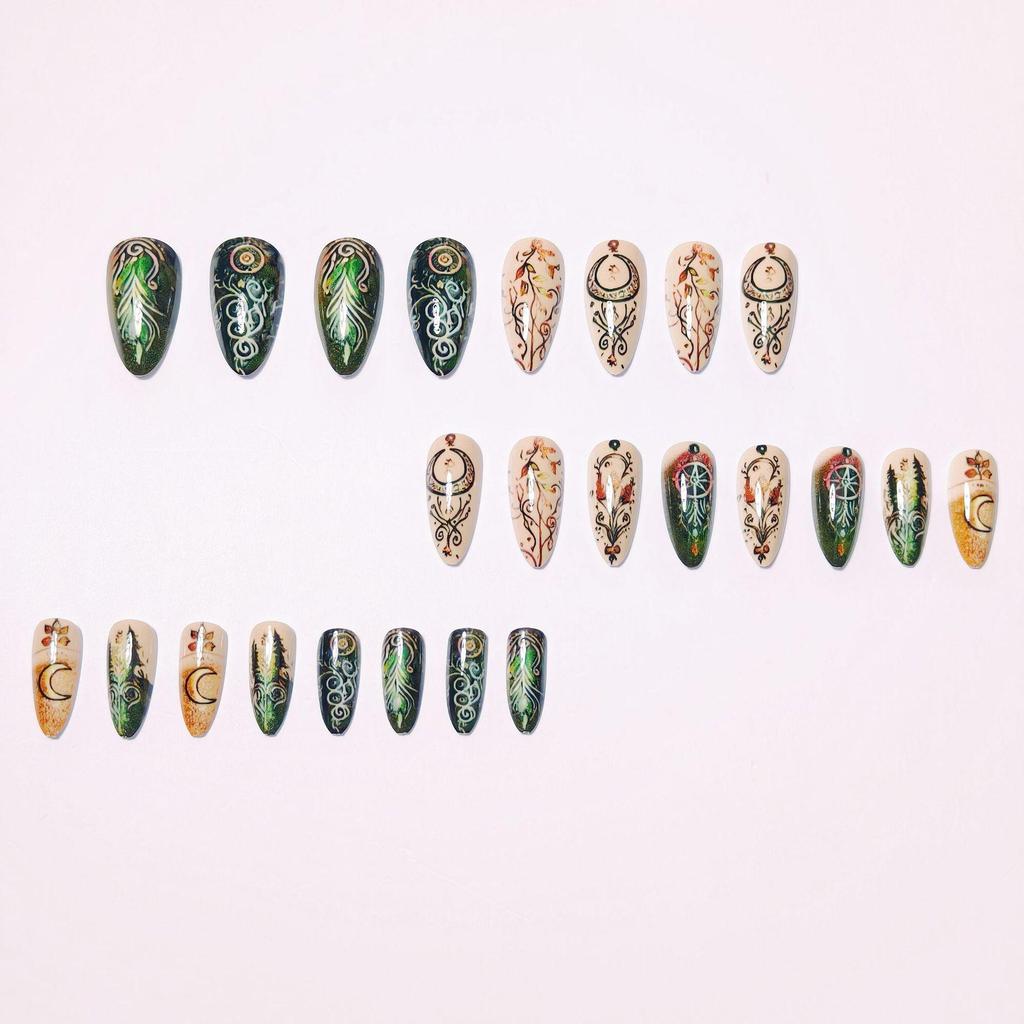 Retro Moon Leaves Nail Art Tips - Medium Almond Shape, 24-Piece Set