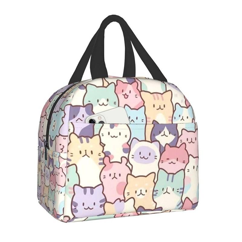 Kids Cartoon Cat Insulated Lunch Bag School Outdoor Picnic Handheld Crossbody Bento