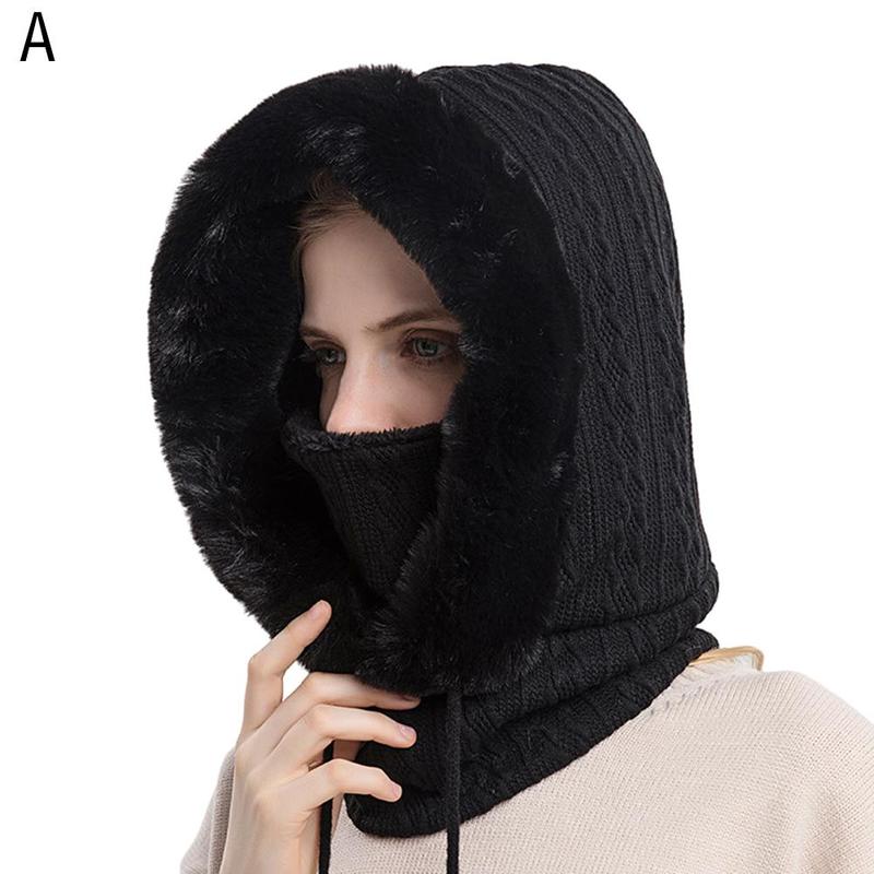 

Winter Fur Cap Mask Set Hooded For Women Knitted Cashmere Thick Hat Windproof Warm Fluffy Beani I2L1 black-One-size