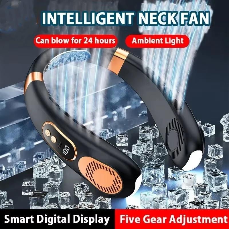 2025 Neck Fan USB Rechargeable Cooling Fan 5 Speed Adjustable Neck Cooler Digital Display Bladeless Neckband Fan