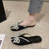 Women's Slippers Summer Footwear Pearl Flat Bow Rhinestone Outer Half Baotou Sandals Comfortable Soft Sole Women Shoes