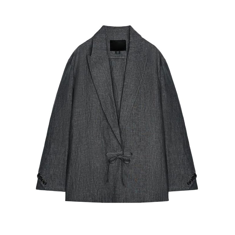 

Летний женский костюм в стиле нормкор из смесовой ткани с ленном, с длинными рукавами и лацканами с вырезами, 3089508 Gray L