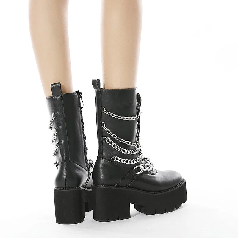Fashion Goth Rivet Emo Shoes Platform Heeled Boots Women Big Size Chain Metal Decoration Chunky Heels Combat Boots Mid Calf