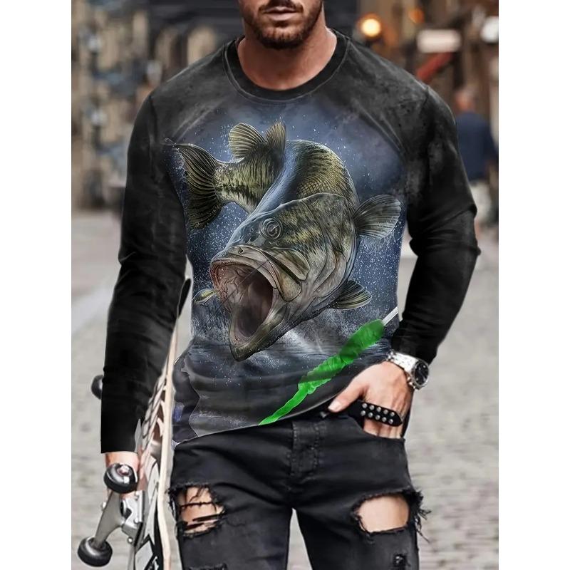 Men's Outdoor Fishing Long Sleeve T-shirts 3D Fish Print Round Neck Tshirt Summer Casual Loose Top Oversized Men Fishing Clothes