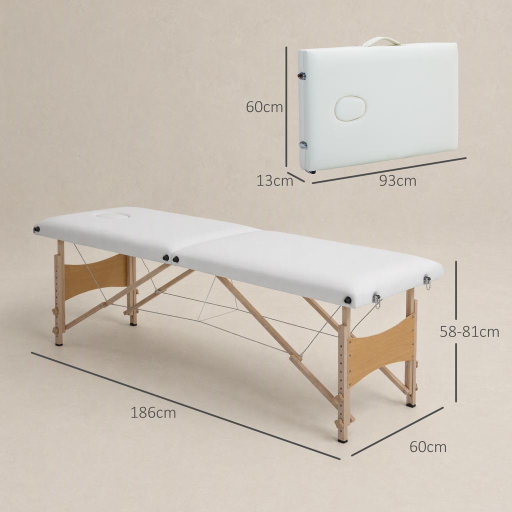 Mobile Massage Table 2 Zones Foldable Height-Adjustable Massage Table 60 Cm Wide with Carrying Bag Wooden Legs Cream White