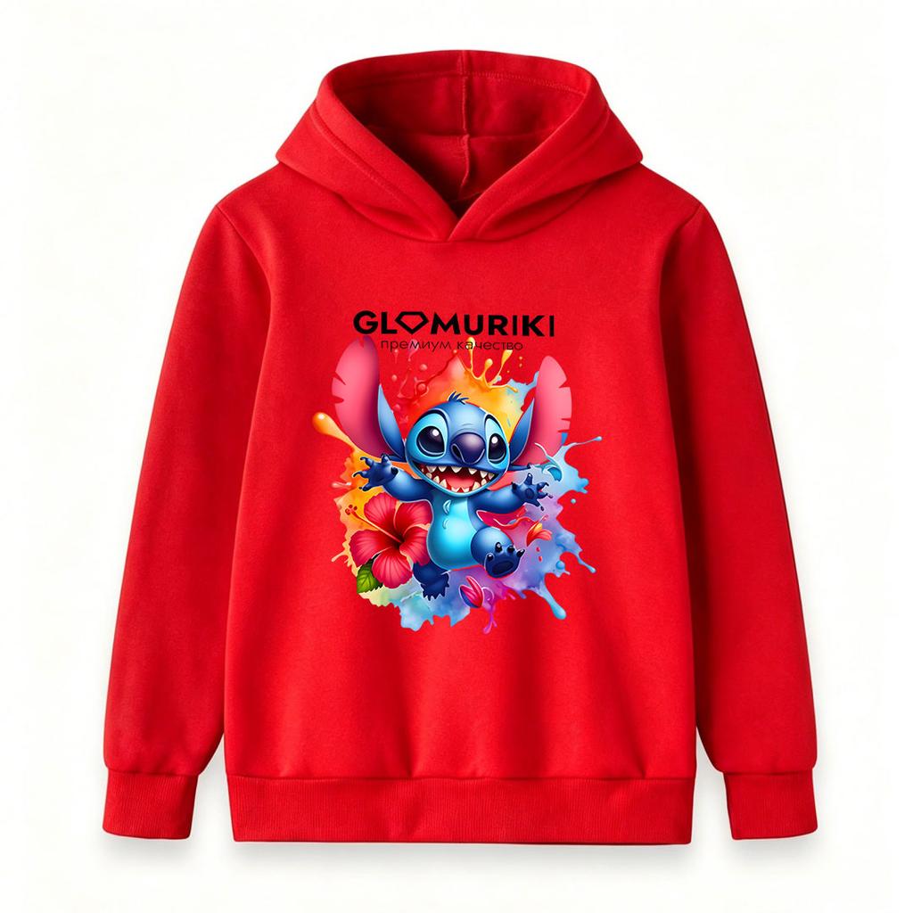 Kids Boys Girls Casual Stitch Print Long Sleeve Hoodie, Cute Cartoon Graphic Pullover Sweatshirt, Colorful Floral Paint Splash Pattern Soft Hooded Top