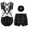 Dívčí 3dílná taneční souprava Bez rukávů Metalické leotard Křížená záda Kamínky Barevně blokovaný design se šortkami Čelenka