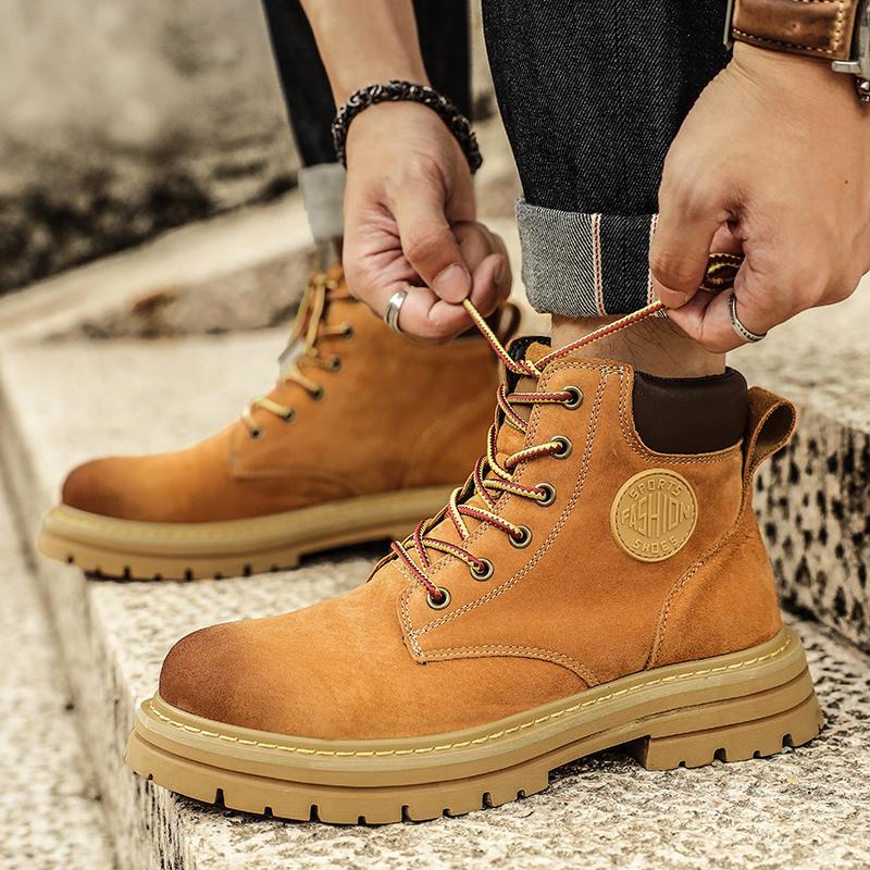 

Fashion 2025 New Mens Genuine Leather Autumn High Cut Workwear Boots British Style Short Boots Korean Version Versatile Thickness Boots 35 золотой