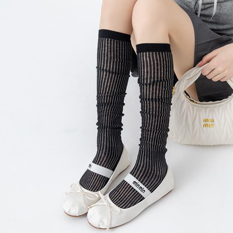 Damen vertikal gestreifte einfarbige dünne Ballett-Stil lange atmungsaktive Knie- bis Wadenlange Socken