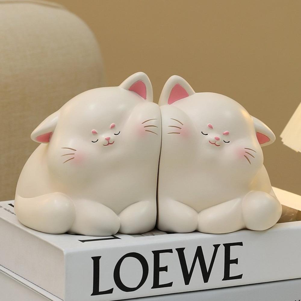 1pair/2pcs of super cute light luxury cream style cat face resin decorative bookends, heavy duty non slip bookends, for book magazine organization,