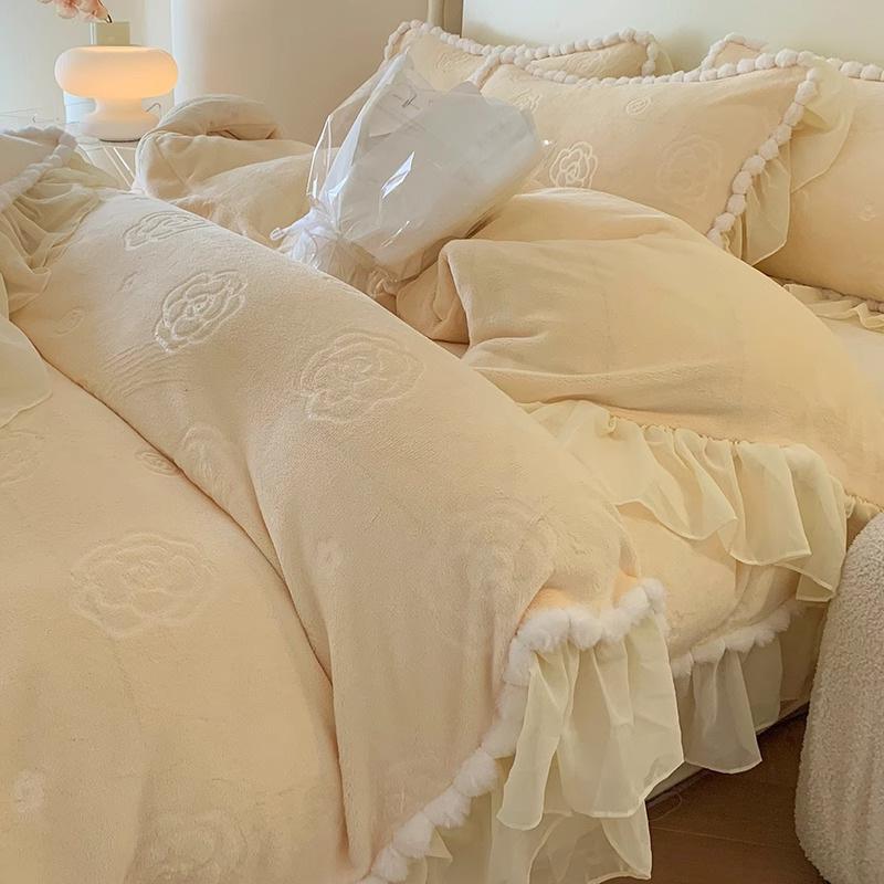 Double-Sided Thickened Milk Coral Fleece Bed Four-Piece Set Flannel Bedding Bed Skirt Fleece Sheet Quilt Cover