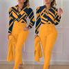 Printed Long-Sleeve Top & Solid Color Pants Suit with Belt