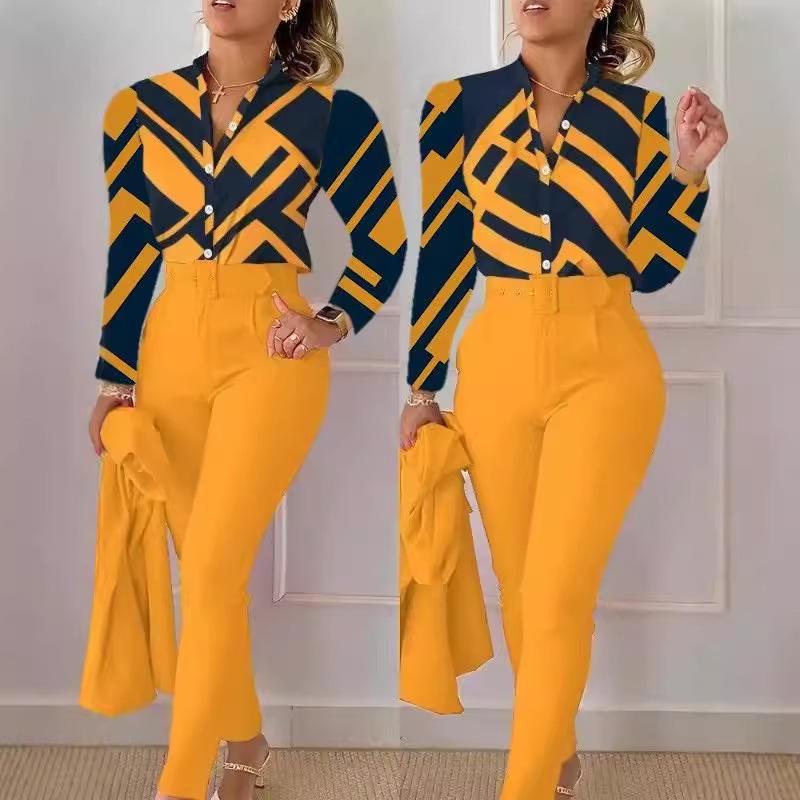 Printed Long-Sleeve Top & Solid Color Pants Suit with Belt