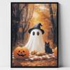 Cute Ghost Black Cat Riding A Broom Canvas Print Ghost Read Book Jack-o-lantern Halloween Wall Art Poster Autumn Home Decor Gift