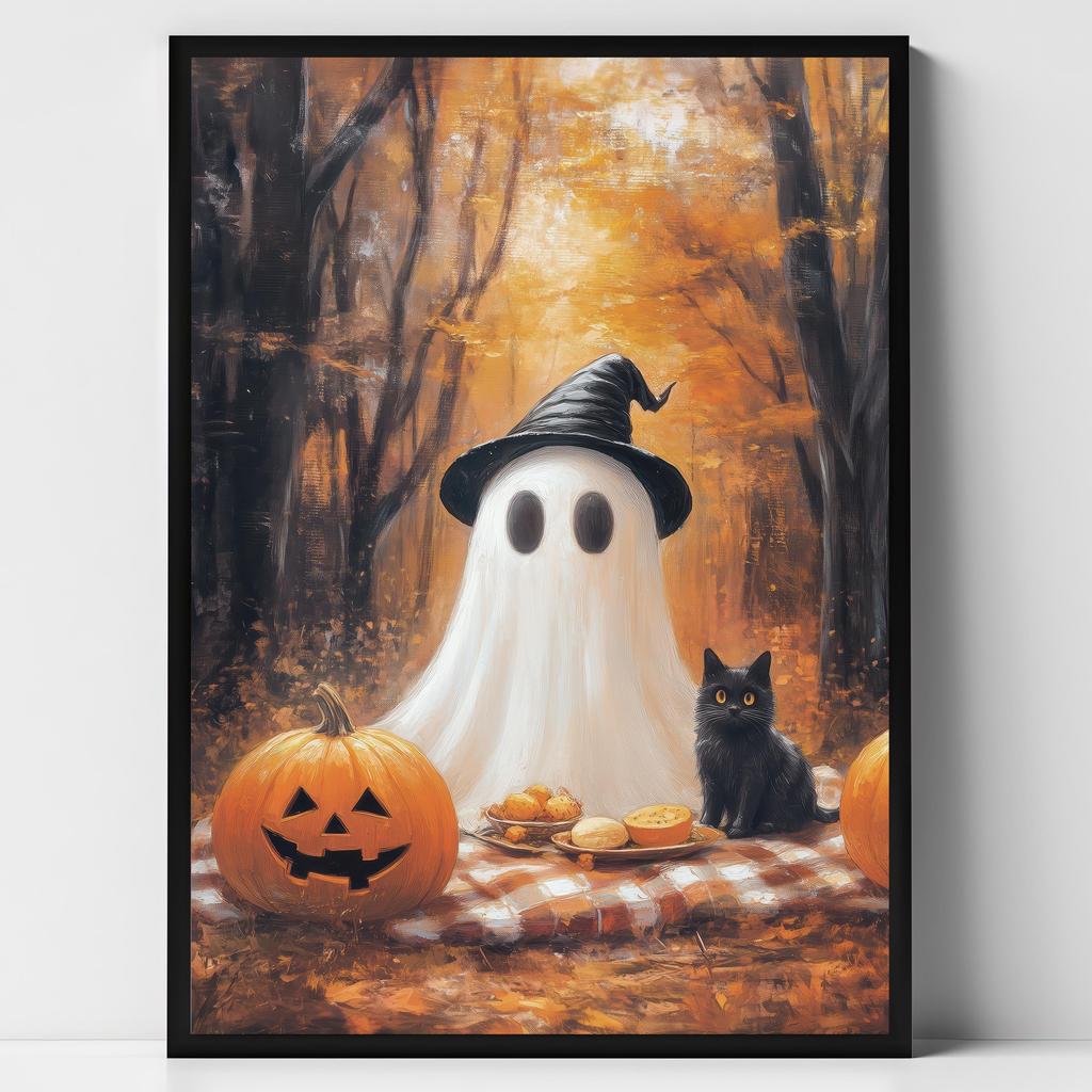Cute Ghost Black Cat Riding A Broom Canvas Print Ghost Read Book Jack-o-lantern Halloween Wall Art Poster Autumn Home Decor Gift