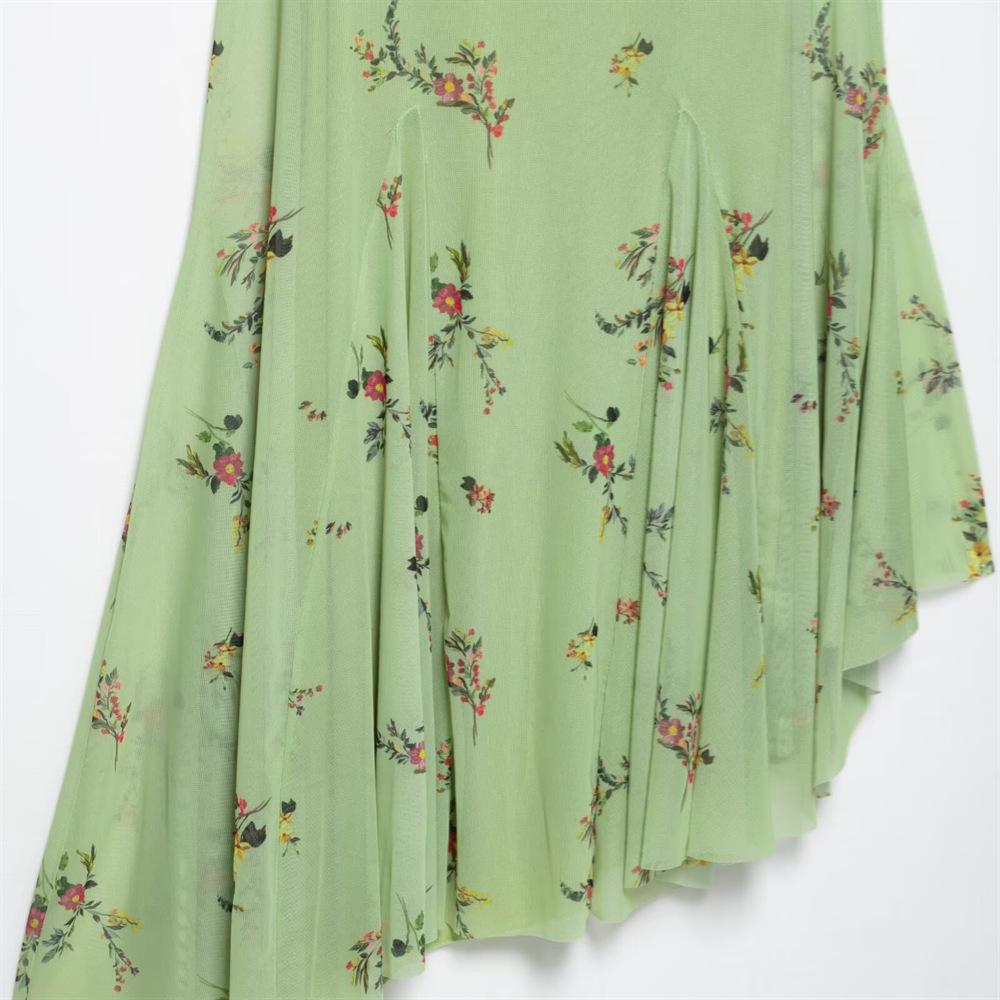 2025 Spring/Summer Women's Slim Fit Casual Printed Silk Mesh Midi Dress