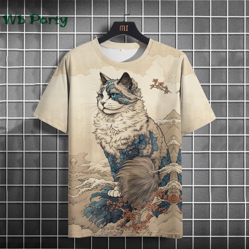 Vintage Cat Pattern Print Short Sleeve T-shirts Man Cat Print Custom T Shirt Vintage Shirts Graphic Tee Men's Summer Clothes Tee