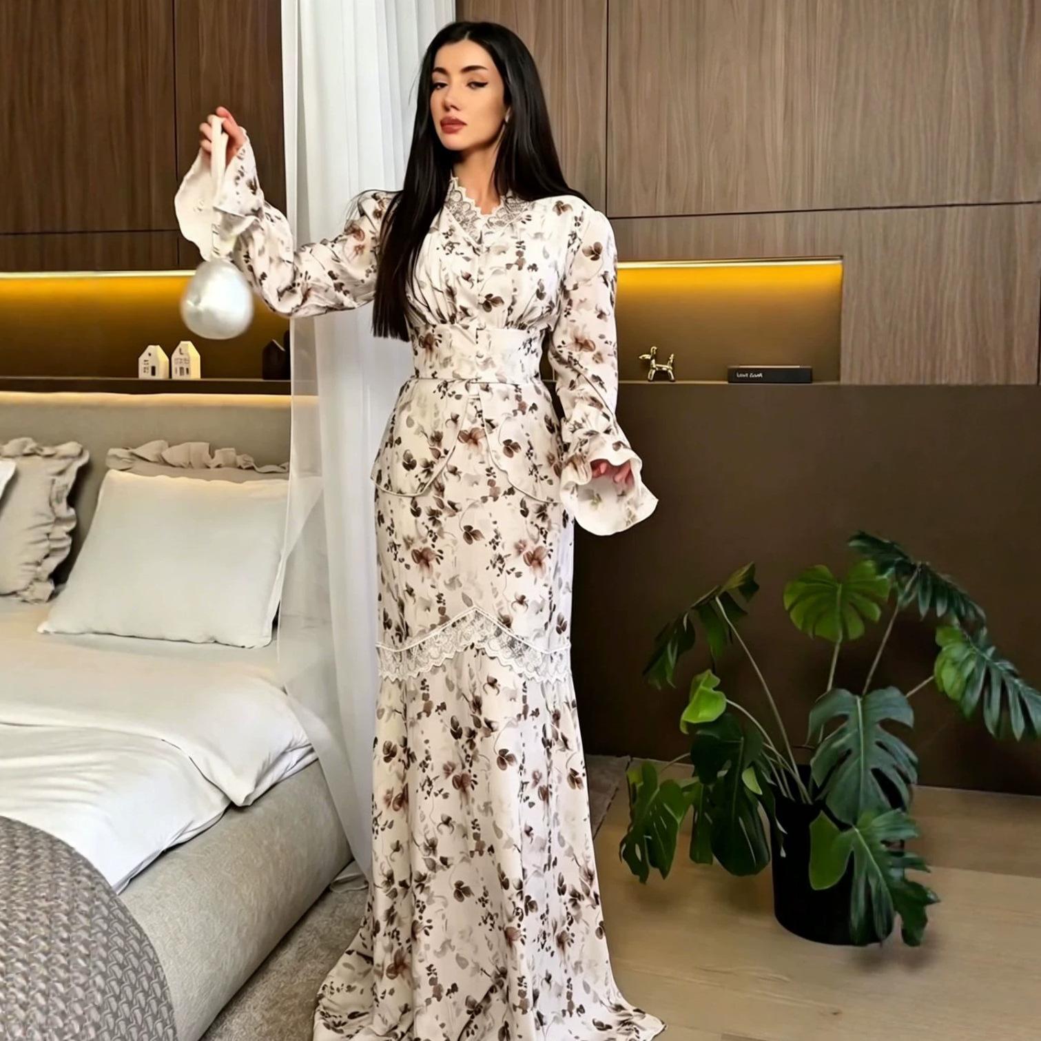 Autumn new European, American and Amazon cross-border V-neck floral ruffle edge top, fishtail skirt set XS